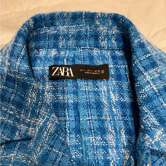 ZARA BLUE TWEED CROPPED LONG SLEEVE RHINESTONE BUTTON OVERSIZED JACKET SZ. L - Picture 14 of 15